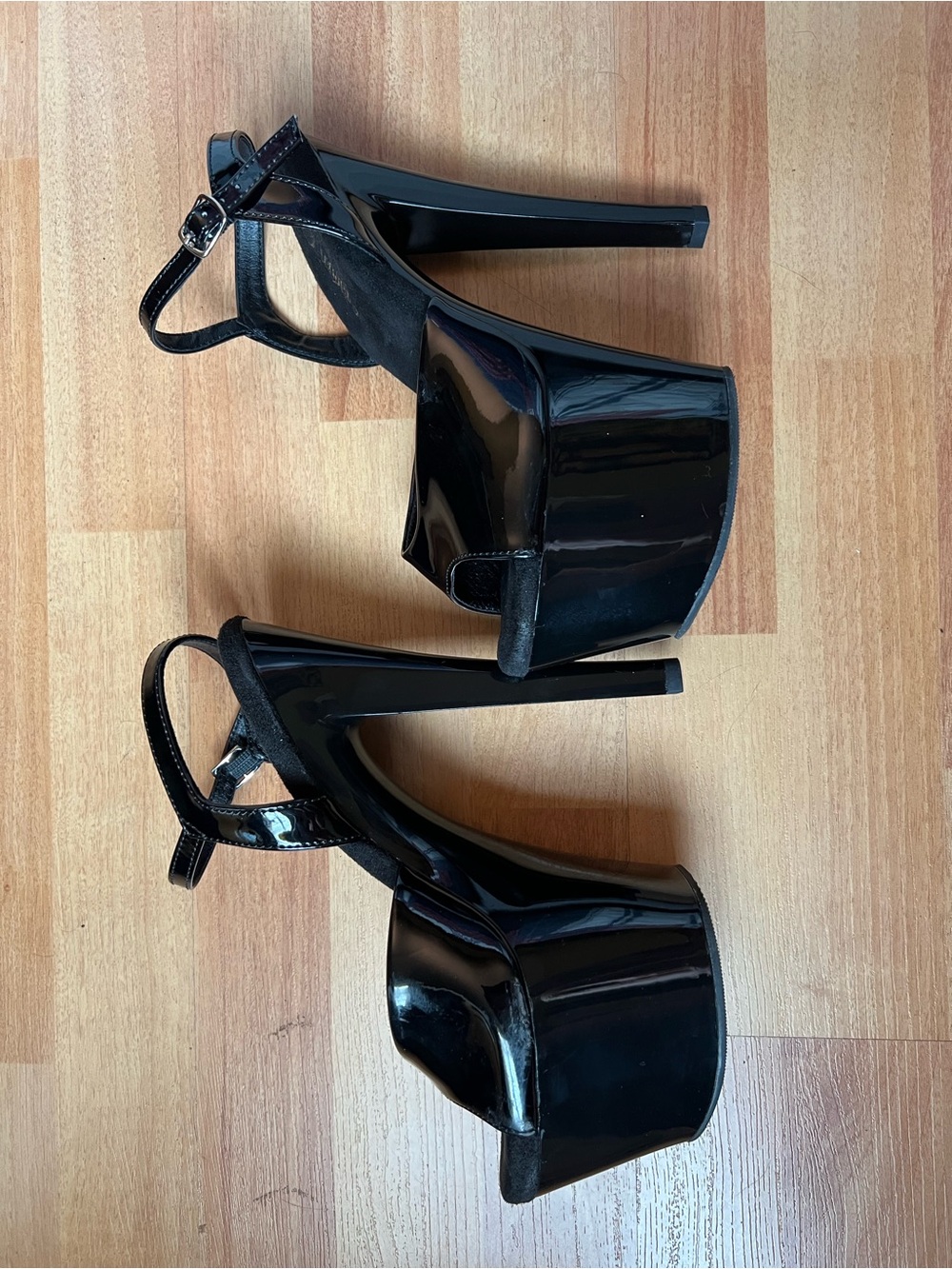 Pleaser Black Patent Platform Stiletto Sandals with Ankle Strap